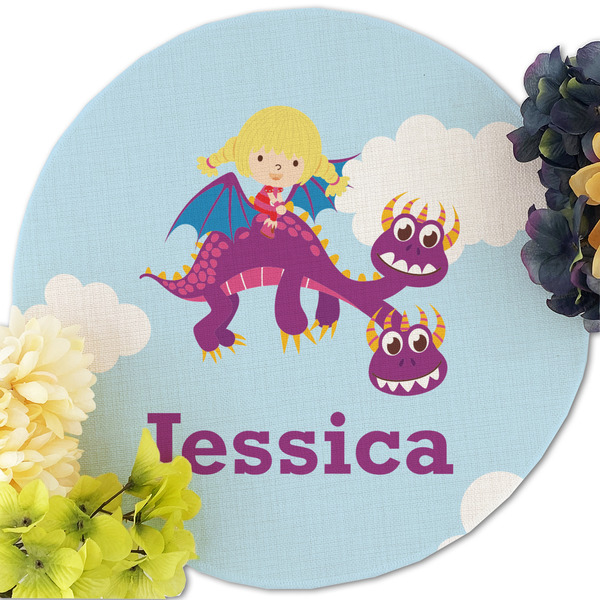 Girl Flying on a Dragon Round Linen Placemats - Front (w flowers)