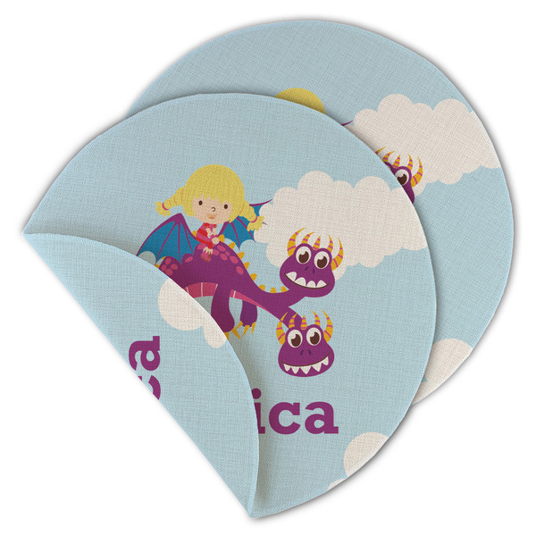 Custom Girl Flying on a Dragon Round Linen Placemat - Double Sided (Personalized)