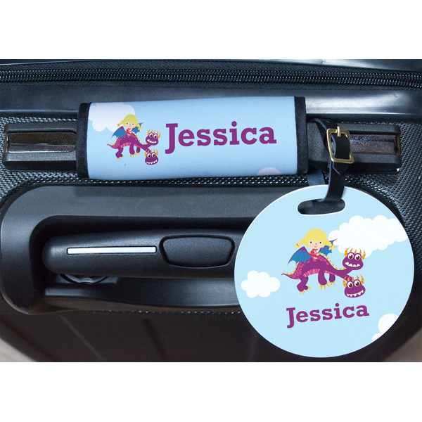 Girl Flying on a Dragon Round Luggage Tag & Handle Wrap - In Context