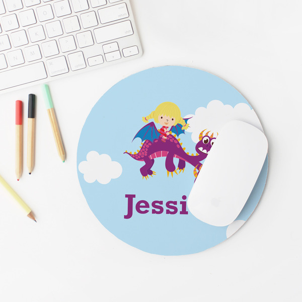 Girl Flying on a Dragon Round Mousepad - LIFESTYLE 2
