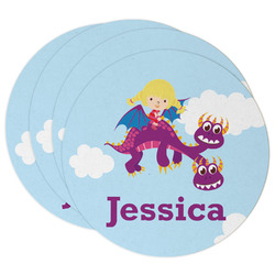 Girl Flying on a Dragon Round Paper Coasters w/ Name or Text