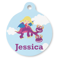 Girl Flying on a Dragon Round Pet ID Tag (Personalized)