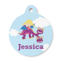 Girl Flying on a Dragon Round Pet ID Tag - Small (Personalized)