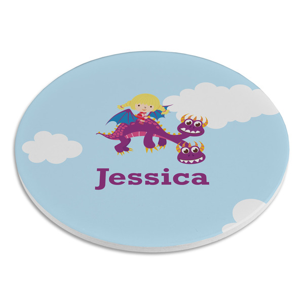 Girl Flying on a Dragon Round Stone Trivet - Angle View