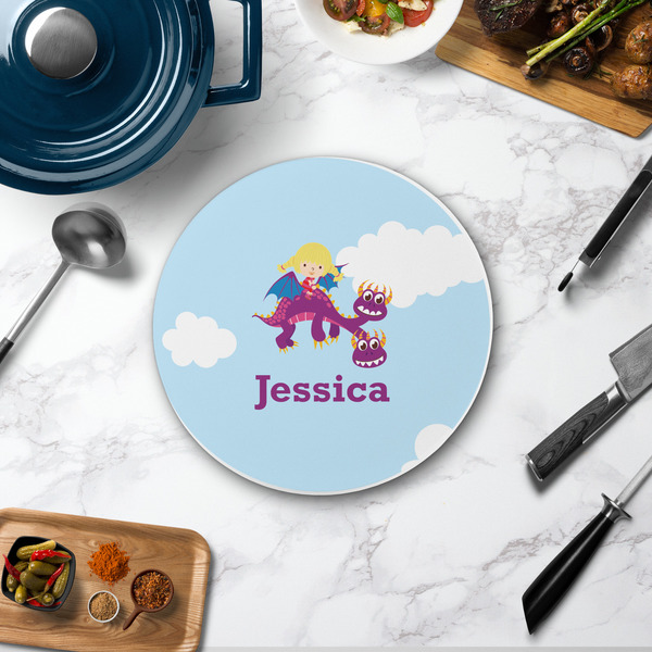 Girl Flying on a Dragon Round Stone Trivet - In Context View