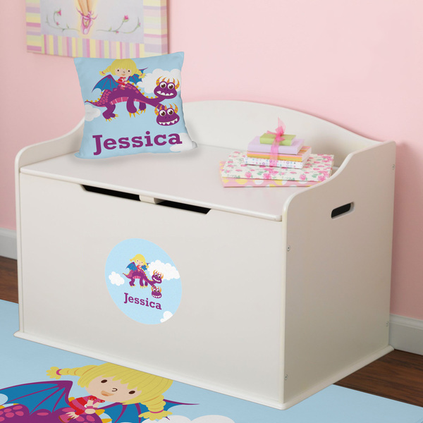 Girl Flying on a Dragon Round Wall Decal on Toy Chest