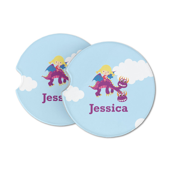 Custom Girl Flying on a Dragon Sandstone Car Coasters - Set of 2 (Personalized)