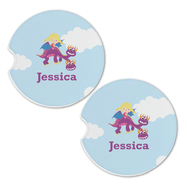 Girl Flying on a Dragon Sandstone Car Coasters - Set of 2