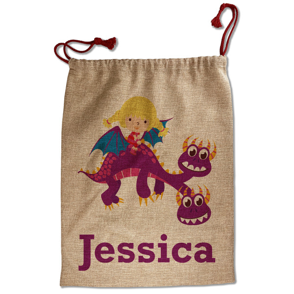 Custom Girl Flying on a Dragon Santa Sack - Front (Personalized)