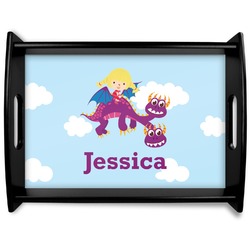 Girl Flying on a Dragon Black Wooden Tray - Large (Personalized)