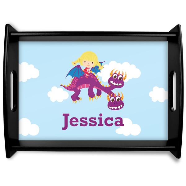 Custom Girl Flying on a Dragon Black Wooden Tray - Large (Personalized)