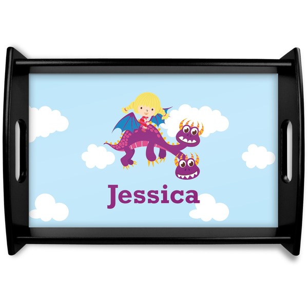 Custom Girl Flying on a Dragon Black Wooden Tray - Small (Personalized)