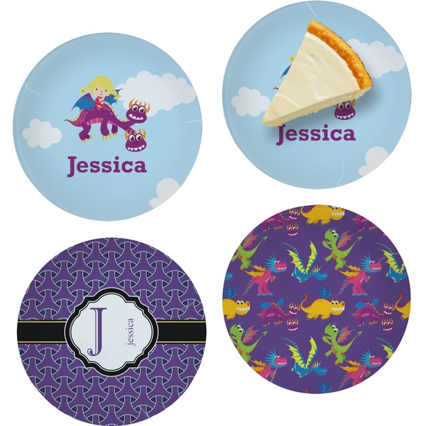 Custom Girl Flying on a Dragon Set of 4 Glass Appetizer / Dessert Plate 8" (Personalized)