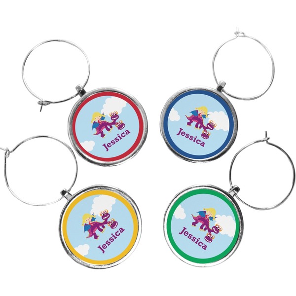 Custom Girl Flying on a Dragon Wine Charms (Set of 4) (Personalized)