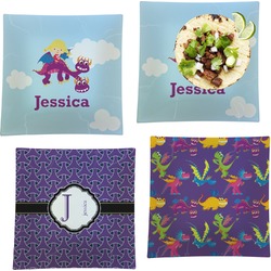 Girl Flying on a Dragon Set of 4 Glass Square Lunch / Dinner Plate 9.5" (Personalized)