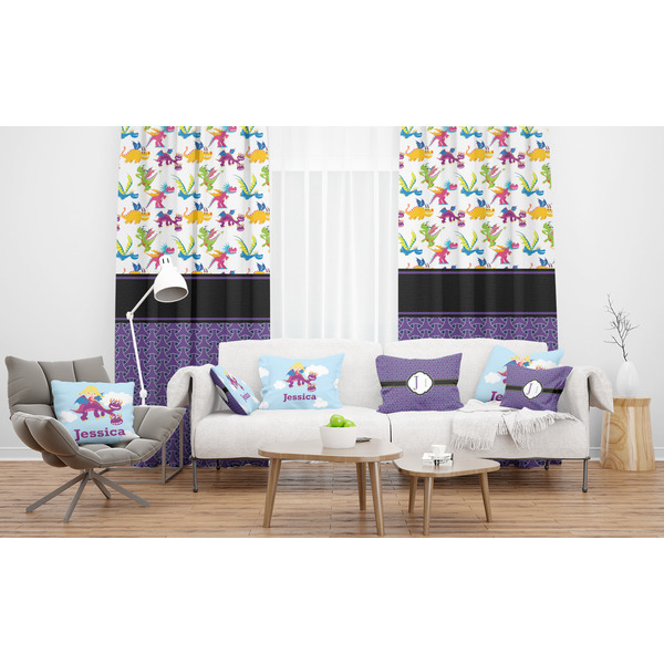 Girl Flying on a Dragon Sheer and Custom Curtains in Room with Matching Pillows