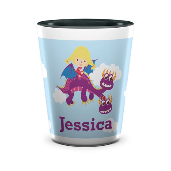 Custom Girl Flying on a Dragon Ceramic Shot Glass - 1.5 oz - Two Tone - Set of 4 (Personalized)