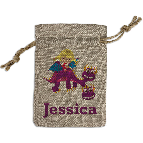 Girl Flying on a Dragon Small Burlap Gift Bag - Front