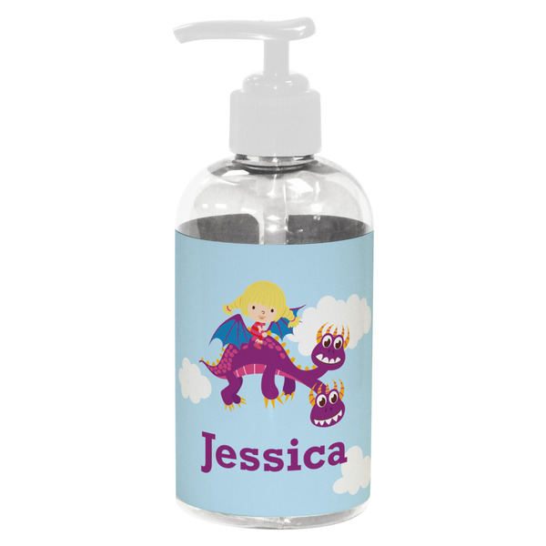 Custom Girl Flying on a Dragon Plastic Soap / Lotion Dispenser (8 oz - Small - White) (Personalized)