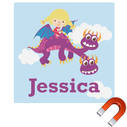 Girl Flying on a Dragon Square Car Magnet - 10" (Personalized)