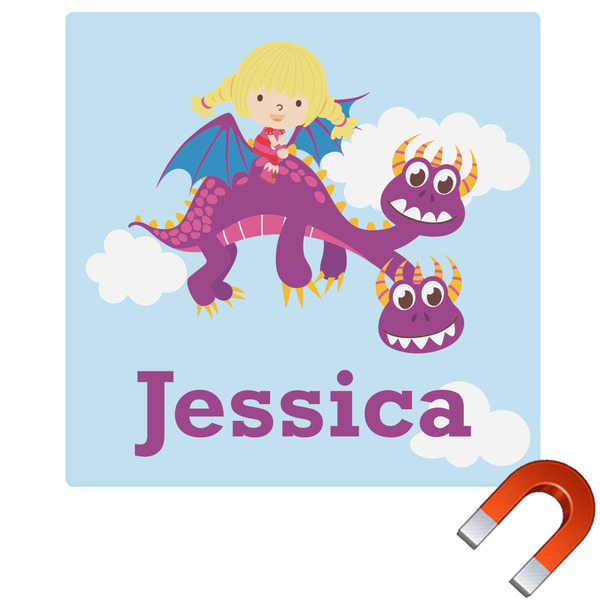 Custom Girl Flying on a Dragon Square Car Magnet - 10" (Personalized)
