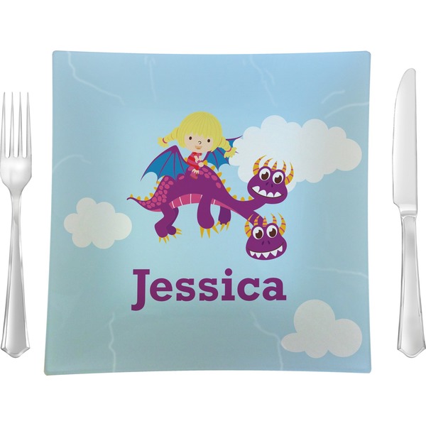 Custom Girl Flying on a Dragon Glass Square Lunch / Dinner Plate 9.5" (Personalized)