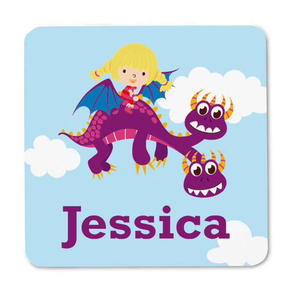 Girl Flying on a Dragon Square Fridge Magnet - FRONT