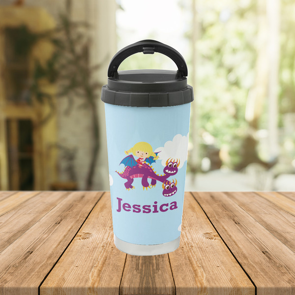 Girl Flying on a Dragon Stainless Steel Travel Cup Lifestyle