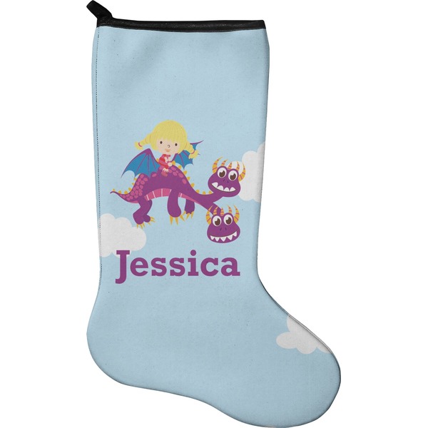 Custom Girl Flying on a Dragon Holiday Stocking - Neoprene (Personalized)