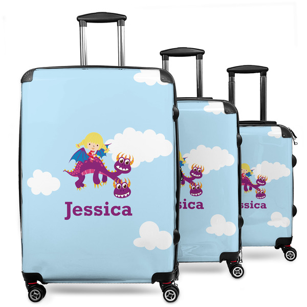 Custom Girl Flying on a Dragon 3 Piece Luggage Set - 20" Carry On, 24" Medium Checked, 28" Large Checked (Personalized)