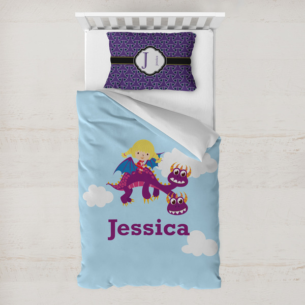 Custom Girl Flying on a Dragon Toddler Bedding Set - With Pillowcase (Personalized)