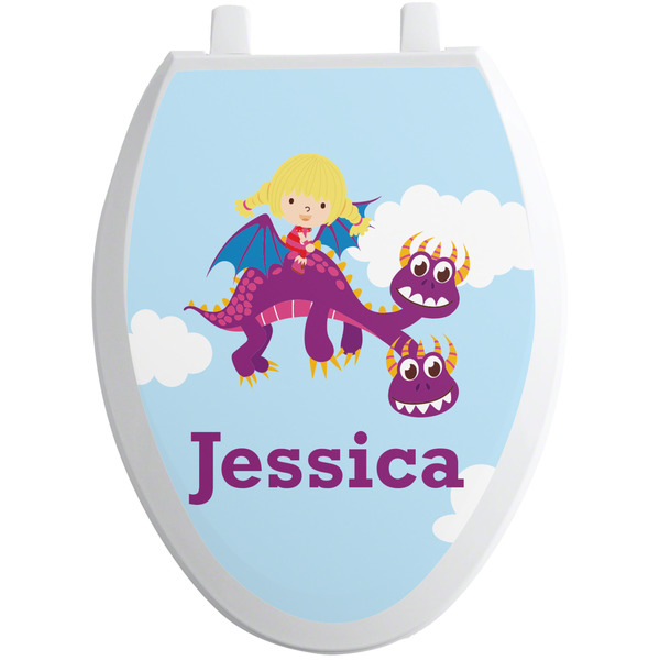 Custom Girl Flying on a Dragon Toilet Seat Decal - Elongated (Personalized)