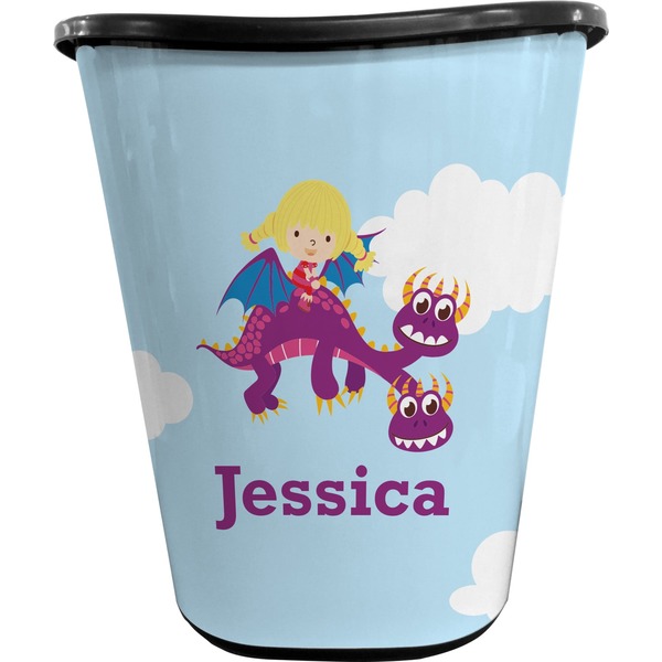 Custom Girl Flying on a Dragon Waste Basket - Double Sided (Black) (Personalized)