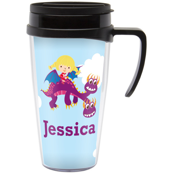 Custom Girl Flying on a Dragon Acrylic Travel Mug with Handle (Personalized)