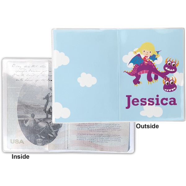 Girl Flying on a Dragon Vinyl Passport Holder - Flat Front and Back
