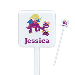 Girl Flying on a Dragon Square Plastic Stir Sticks - Double Sided (Personalized)
