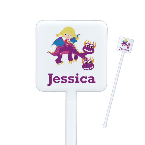 Custom Girl Flying on a Dragon Square Plastic Stir Sticks - Double Sided (Personalized)