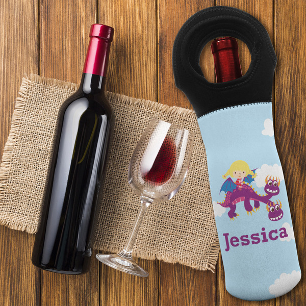 Girl Flying on a Dragon Wine Tote Bag - FLATLAY
