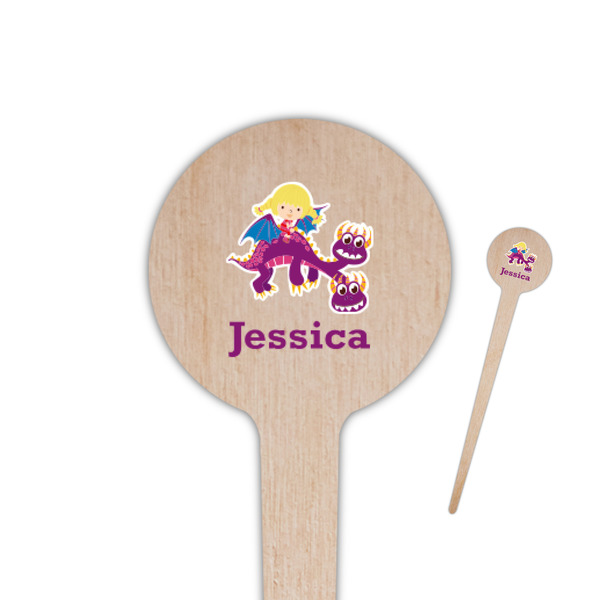Custom Girl Flying on a Dragon 4" Round Wooden Food Picks - Single Sided (Personalized)