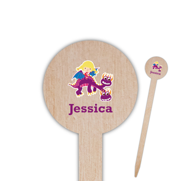 Custom Girl Flying on a Dragon 6" Round Wooden Food Picks - Double Sided (Personalized)
