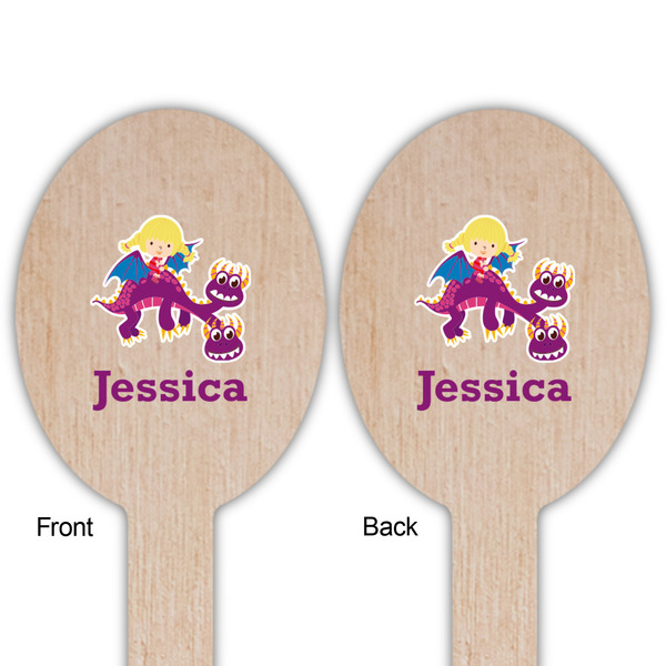 Girl Flying on a Dragon Wooden Food Pick - Oval - Double Sided - Front & Back