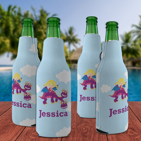 Girl Flying on a Dragon Zipper Bottle Cooler - Set of 4 - LIFESTYLE