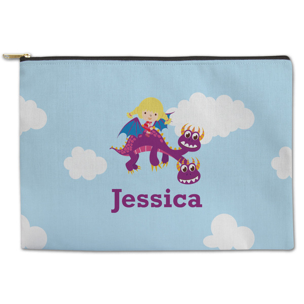 Custom Girl Flying on a Dragon Zipper Pouch - Large - 12.5"x8.5" (Personalized)