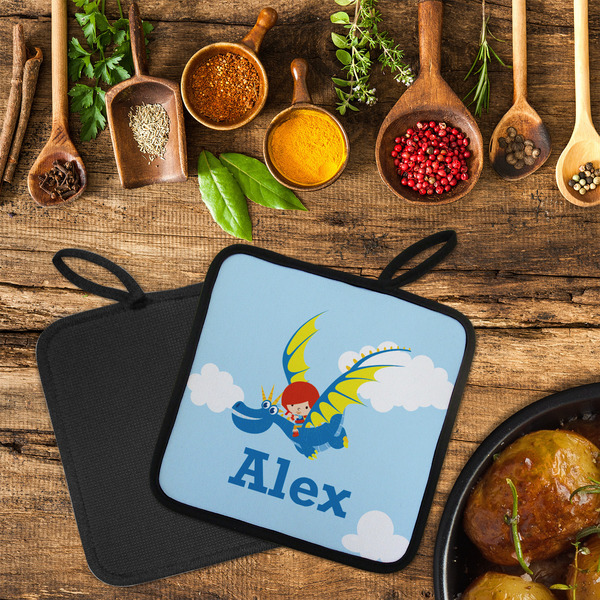 Flying a Dragon Neoprene Pot Holder - Set of 2  LIFESTYLE (Flatlay)