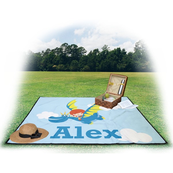 Flying a Dragon Picnic Blanket - with Basket Hat and Book - in Use
