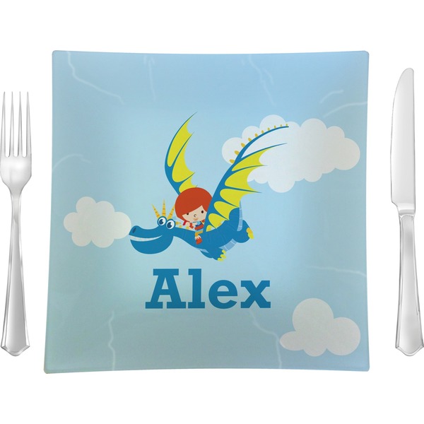 Custom Flying a Dragon 9.5" Glass Square Lunch / Dinner Plate- Single or Set of 4 (Personalized)