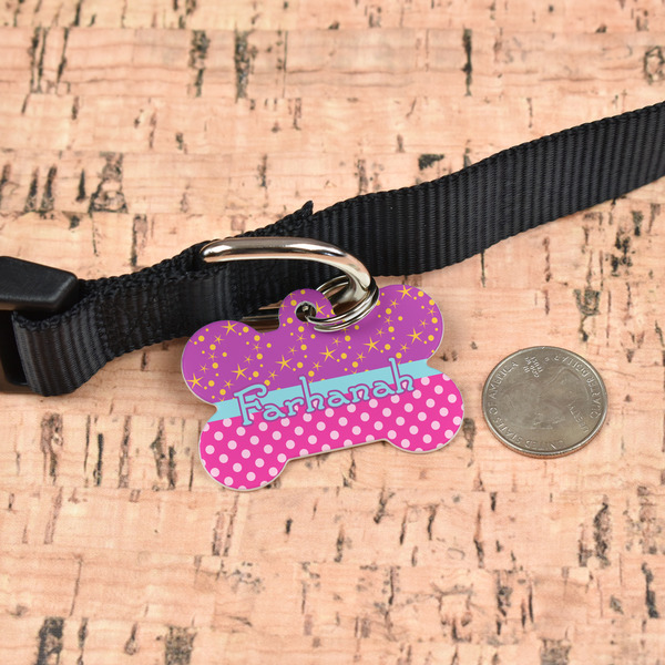 Sparkle & Dots Bone Shaped Dog ID Tag - Large - In Context