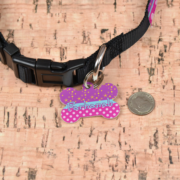 Sparkle & Dots Bone Shaped Dog ID Tag - Small - In Context