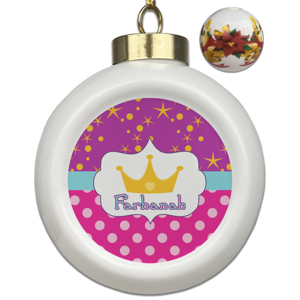 Custom Sparkle & Dots Ceramic Ball Ornaments - Poinsettia Garland (Personalized)