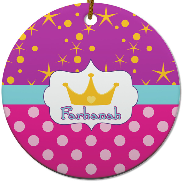 Custom Sparkle & Dots Round Ceramic Ornament w/ Name or Text
